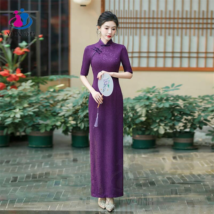 Nuevo cheongsam rojo 2025, vestido largo mejorado para desfiles y reuniones anuales, vestido para brindis, vestido de compromiso juvenil.