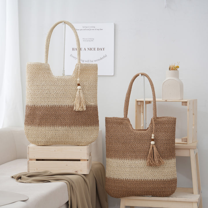 Nuevo bolso tote tejido de estilo chino para mujer: diseño con borlas, ligero y transpirable.