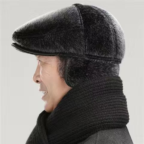 Boina de piel de visón para hombre mayor: gorro de pico de pato cálido y elegante para otoño e invierno.
