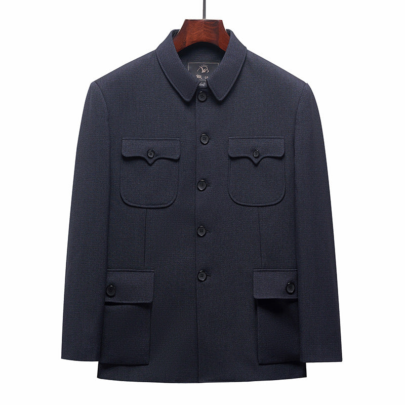 Traje Zhongshan de alta gama para hombres de mediana edad y mayores, traje de otoño e invierno engrosado más traje Zhongshan de terciopelo para papá, abrigo de abuelo anciano