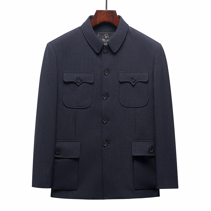 Traje Zhongshan de alta gama para hombres de mediana edad y mayores, traje de otoño e invierno engrosado más traje Zhongshan de terciopelo para papá, abrigo de abuelo anciano