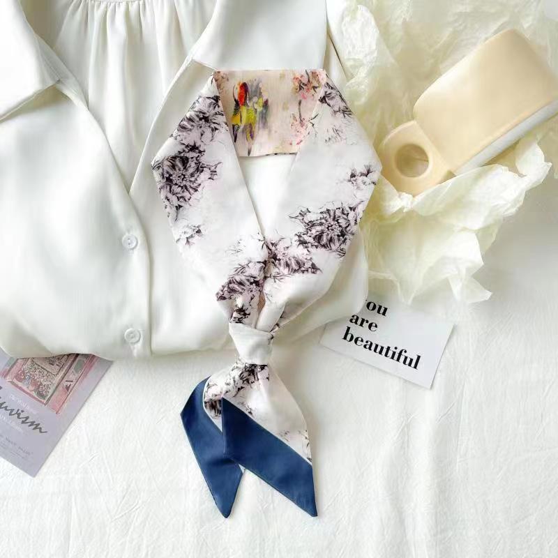 Chinese-Style Oil Painting Small Silk Scarf – Decorative Long Tie Scarf, Headband, and Butterfly Knot for Bags and Hair