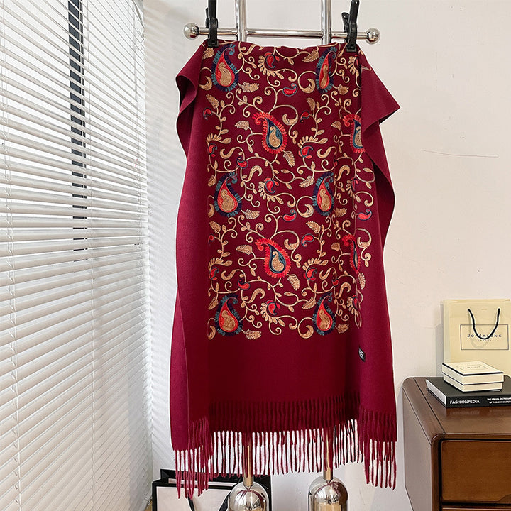 Bufanda cálida de cachemira sintética para mujer, estilo étnico, bordada con flores de cintura y enredadera, para otoño/invierno. Chal de viaje.