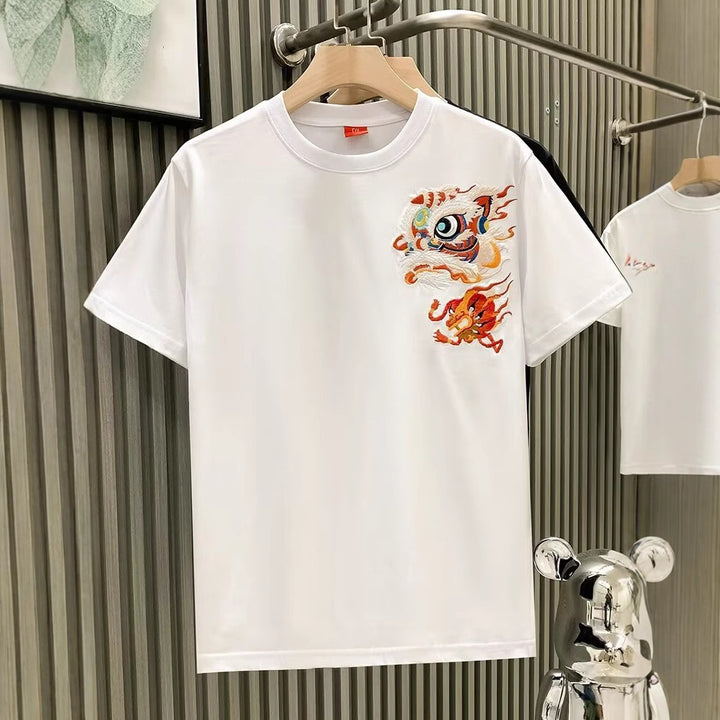 Camiseta de manga corta con bordado de león para hombre en verano, camiseta de hombros rectos de peso pesado, tops sueltos de estilo chino de moda, comercio exterior