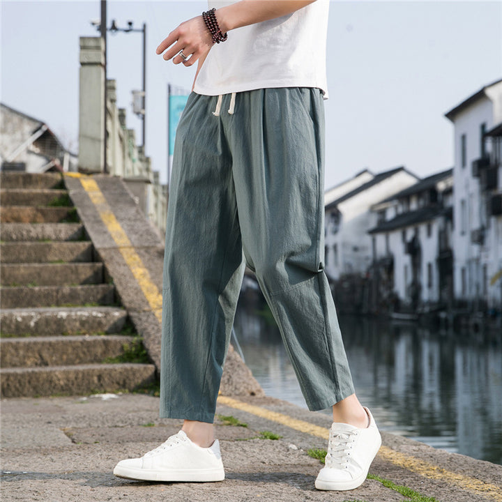 Pantalones de lino y algodón estilo chino para hombre | Pantalones harén ligeros, holgados y de pierna ancha para verano