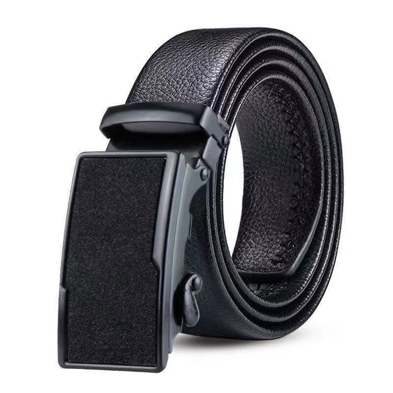 Cinturón de cuero informal de negocios para hombre: hebilla automática con diseño texturizado de grano de lichi.