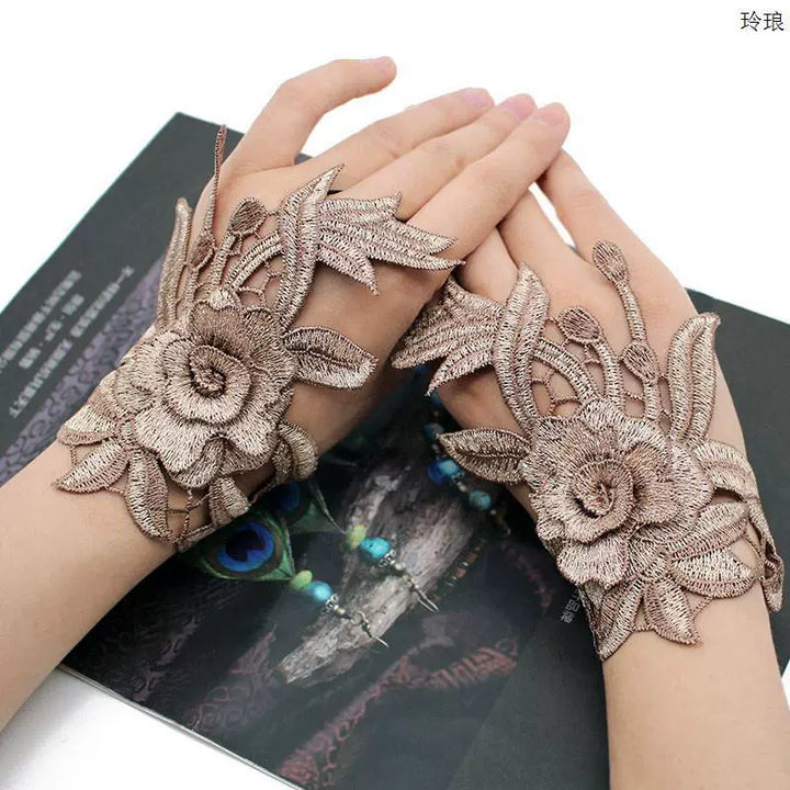 Guantes bordados de estilo chino para mujer, finos de verano de medio dedo, inspirados en Yang Liping, con cadena de mano de estilo étnico, decoración Hanfu.