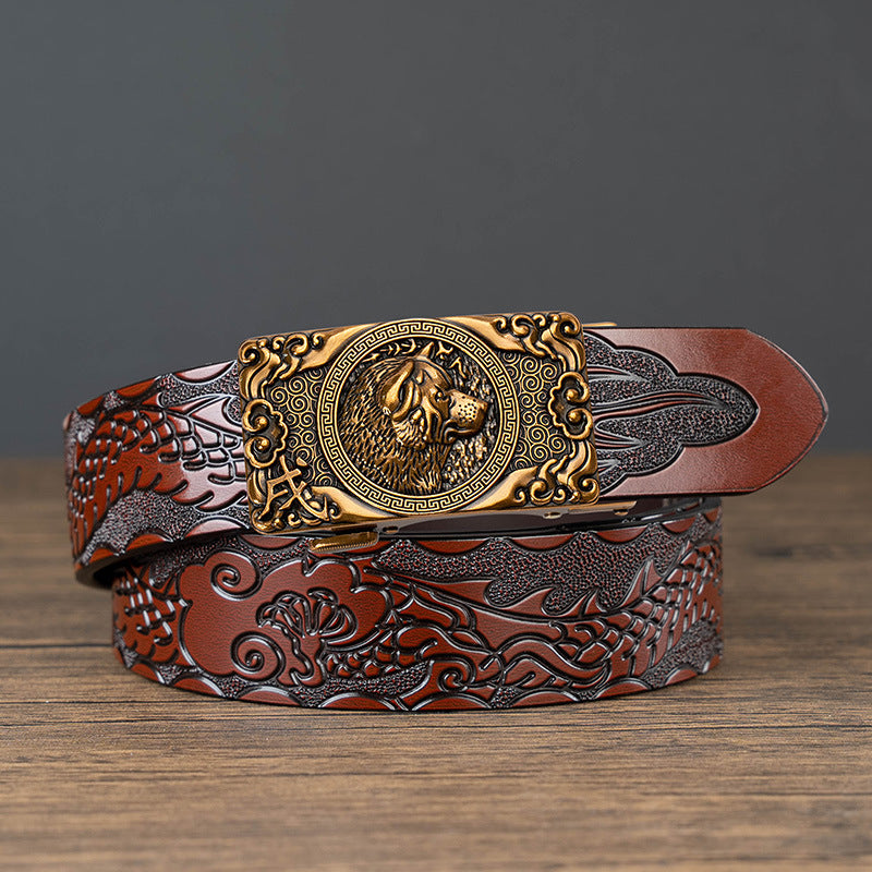 Nueva oferta: Cinturón con hebilla automática del zodiaco y grabado de dragón, de piel de vacuno de doble capa, moderno, informal y con un diseño atrevido.