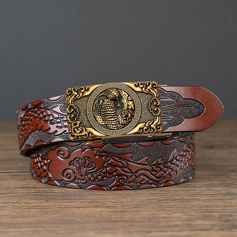 Nueva oferta: Cinturón con hebilla automática del zodiaco y grabado de dragón, de piel de vacuno de doble capa, moderno, informal y con un diseño atrevido.