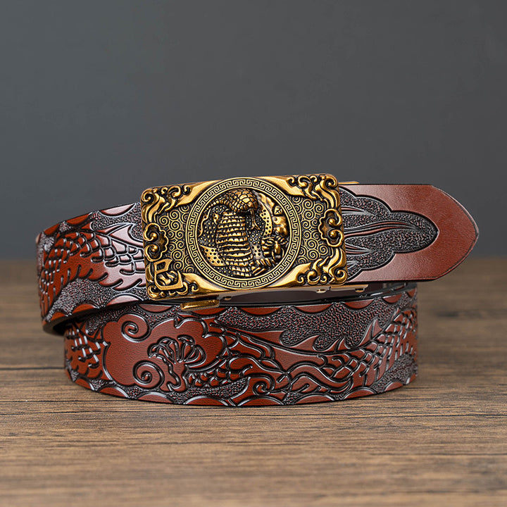 Nueva oferta: Cinturón con hebilla automática del zodiaco y grabado de dragón, de piel de vacuno de doble capa, moderno, informal y con un diseño atrevido.