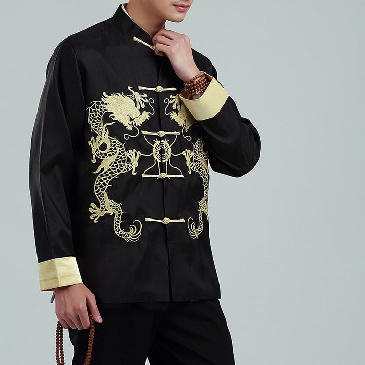 Embroidered Golden Double Dragon Cuffed Tang Suit | Men's Long Sleeve Jacket | Spring, Autumn, and Winter Casual Stand Collar Coat