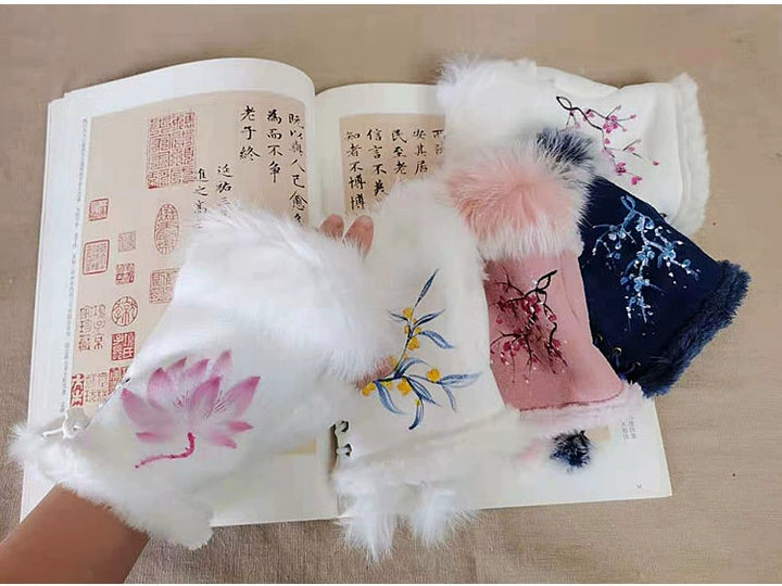 Guantes de piel de conejo Qianqian Chenxiang pintados a mano, cálidos, de medio dedo, exquisitos guantes de invierno de estilo chino para mujer, regalo de Año Nuevo.