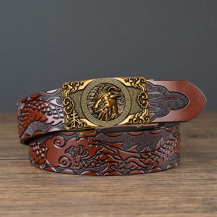 Nueva oferta: Cinturón con hebilla automática del zodiaco y grabado de dragón, de piel de vacuno de doble capa, moderno, informal y con un diseño atrevido.