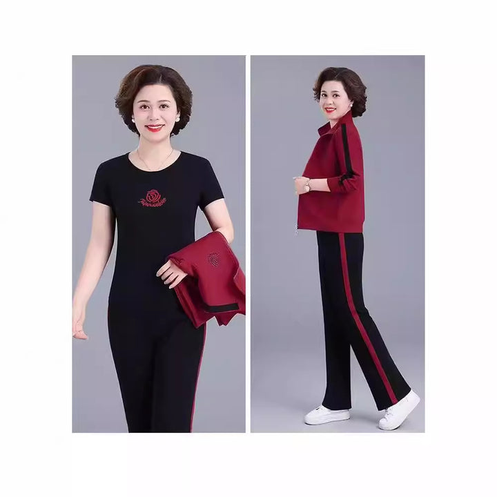Spring & Autumn Sportswear Set for Moms – New Loose-Fitting Stylish Women's Stand Collar Sweatshirt, Casual Running Three-Piece Set