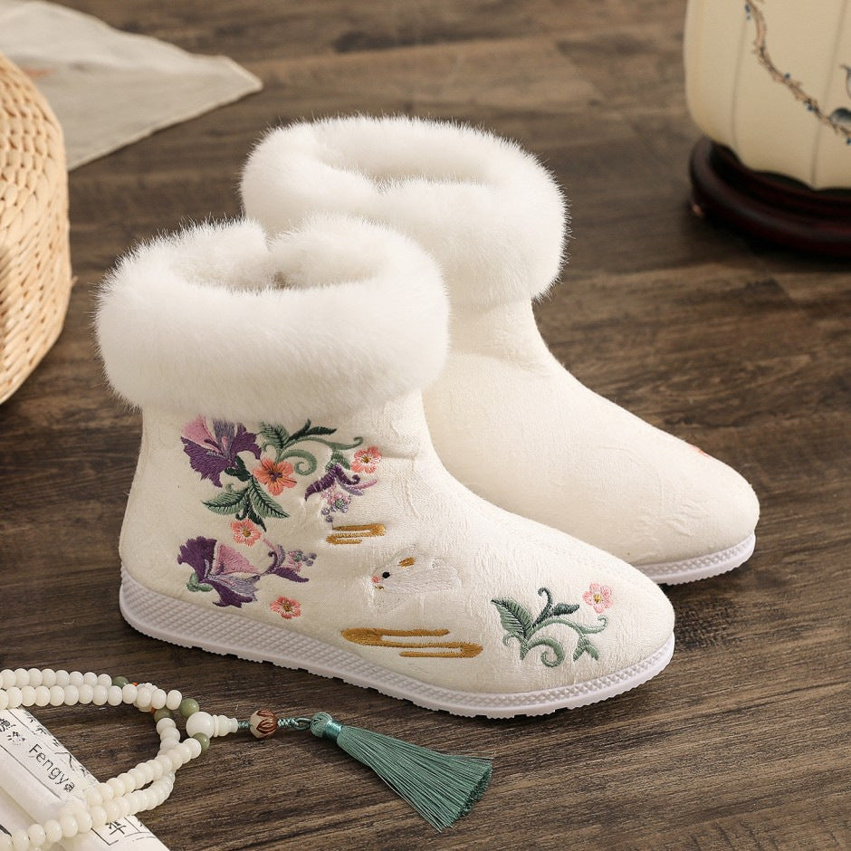 Maokou Furong Conejo Otoño e Invierno Hanfu Traje Antiguo Botas Cortas Bordadas para Mujer Botas de Mujer Estilo Antiguo Danza Botas de Algodón a Juego con Suela Plana