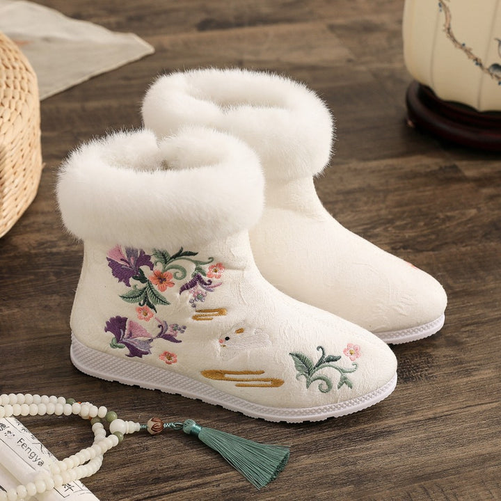 Maokou Furong Conejo Otoño e Invierno Hanfu Traje Antiguo Botas Cortas Bordadas para Mujer Botas de Mujer Estilo Antiguo Danza Botas de Algodón a Juego con Suela Plana