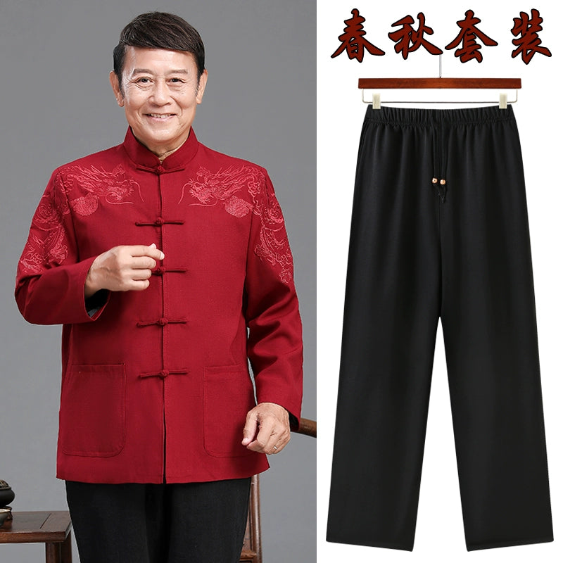 Traje Tang para hombres mayores | Chaqueta casual estilo chino para abuelo | Conjunto de primavera y otoño para boda de papá en Zhongshan