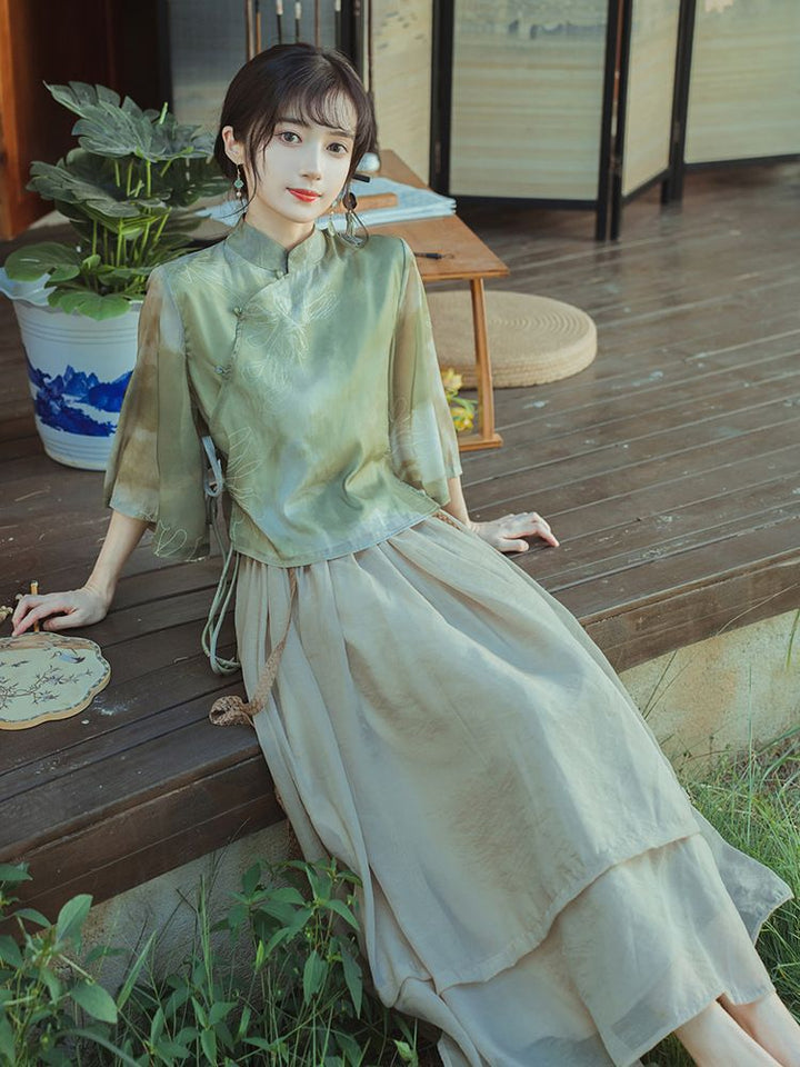 Original new Qingluo new Chinese Zen tea dress fairy girl cheongsam two-piece skirt improved Hanfu summer
