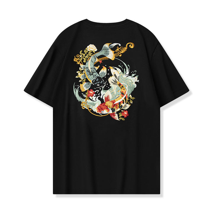 Camiseta de manga corta de verano 2025 para niños, con bordado de flores Koi, tendencia nacional, estilo chino suelto.