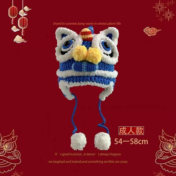 Gorro de cabeza de tigre para padres e hijos, tejido a mano, estilo chino. Tendencia nacional. Bonito gorro de punto cálido para la danza del león en invierno. Gorro del despertar del león.
