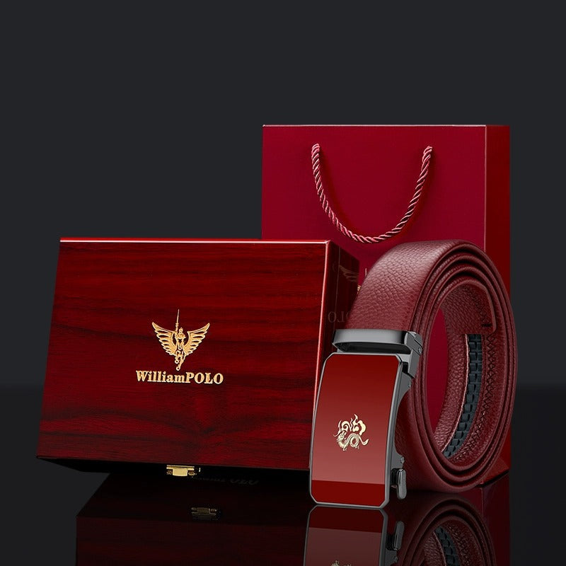 Cinturón de cuero para hombre Paul – Año del Dragón, hebilla automática del zodiaco, cuero genuino, color rojo, nuevo estilo 2024, regalo de boda, venta al por mayor