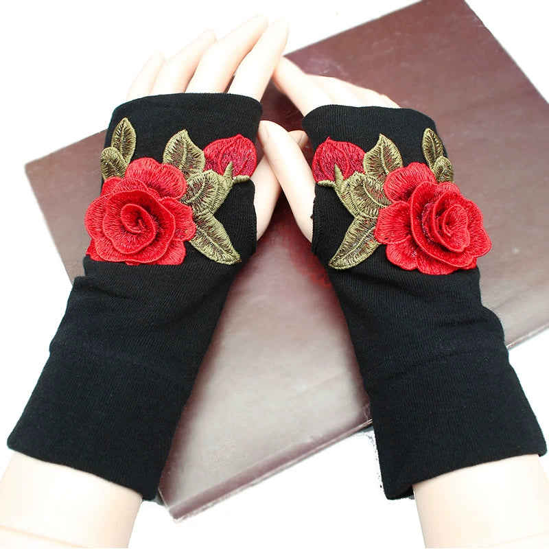 Guantes de medio dedo para mujer, cálidos y resistentes al frío, para conducir en otoño e invierno, guantes de algodón sin dedos de estilo chino con bordado y pantalla táctil, engrosados.