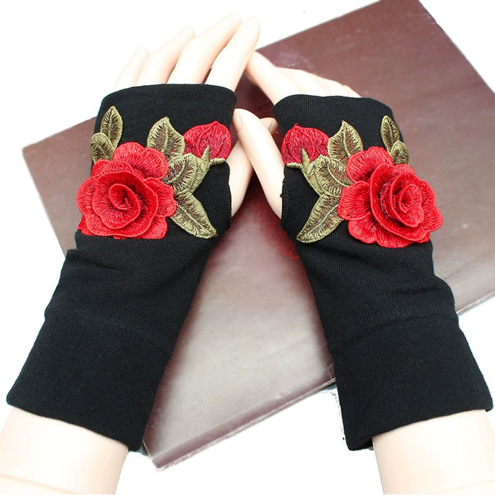 Guantes de medio dedo para mujer, cálidos y resistentes al frío, para conducir en otoño e invierno, guantes de algodón sin dedos de estilo chino con bordado y pantalla táctil, engrosados.