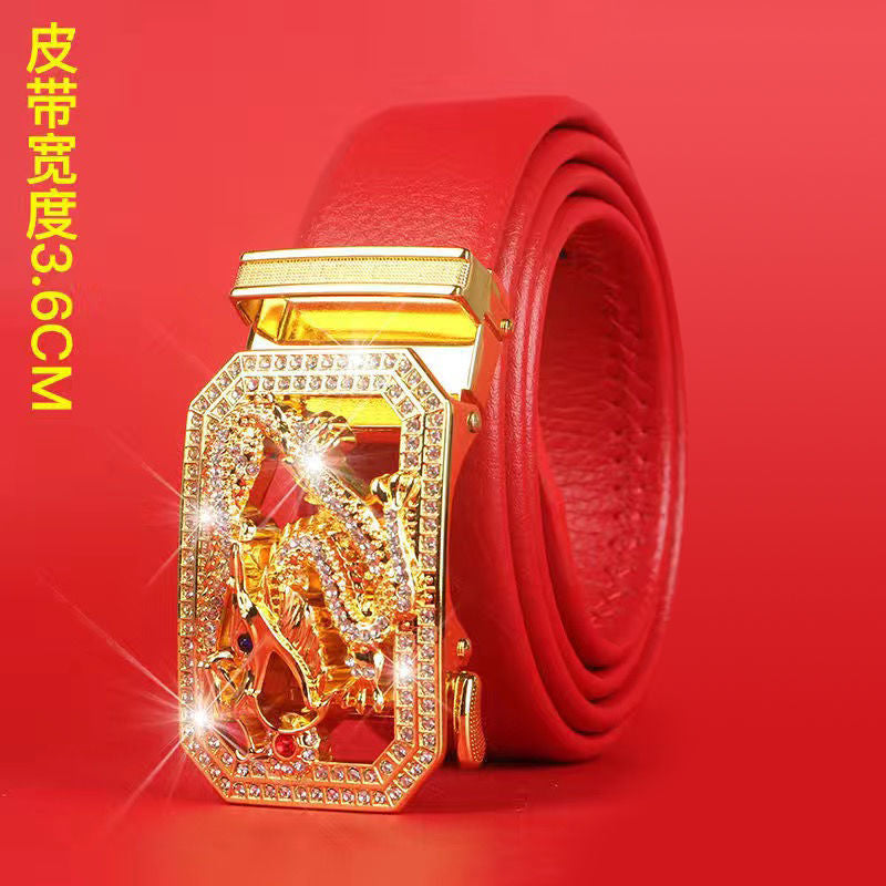Cinturón del Zodiaco para Hombre: Piel Genuina, Hebilla Automática, Cinturón Rojo para el Año del Zodiaco, Ropa de Negocios e Informal, Regalo de Boda Perfecto