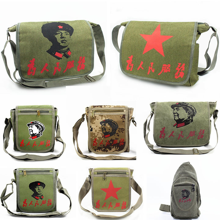 Vintage Mao Zedong "Serve the People" Red Army Bag, Lei Feng Canvas Five-Pointed Star Crossbody Bag, Red Star Shoulder Bag, Green Retro Style