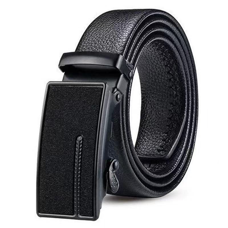 Cinturón de cuero informal de negocios para hombre: hebilla automática con diseño texturizado de grano de lichi.