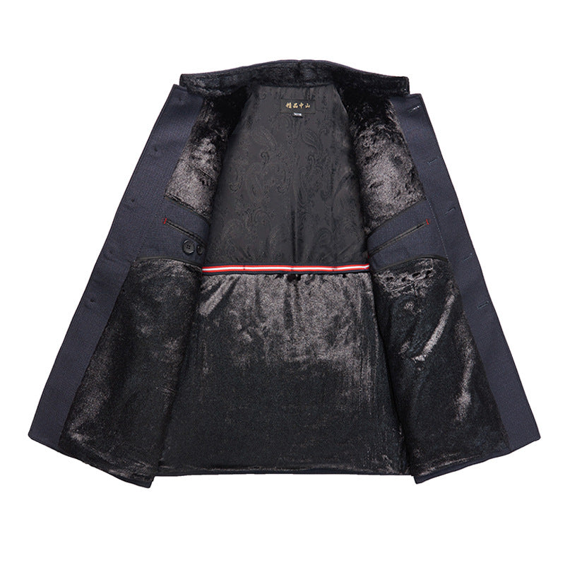 Traje Zhongshan de alta gama para hombres de mediana edad y mayores, traje de otoño e invierno engrosado más traje Zhongshan de terciopelo para papá, abrigo de abuelo anciano