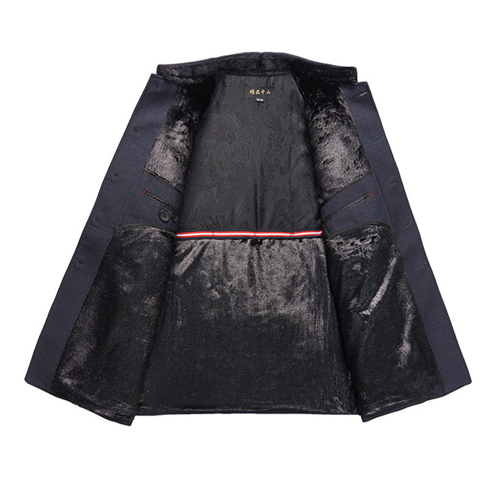 Traje Zhongshan de alta gama para hombres de mediana edad y mayores, traje de otoño e invierno engrosado más traje Zhongshan de terciopelo para papá, abrigo de abuelo anciano