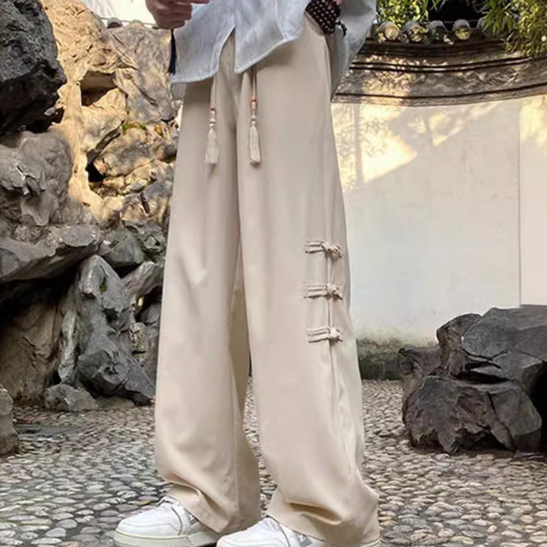 2024 Summer Men's New Chinese Style Side Button Wide-Leg Casual Pants | Trendy Loose-Fit Draped Trousers