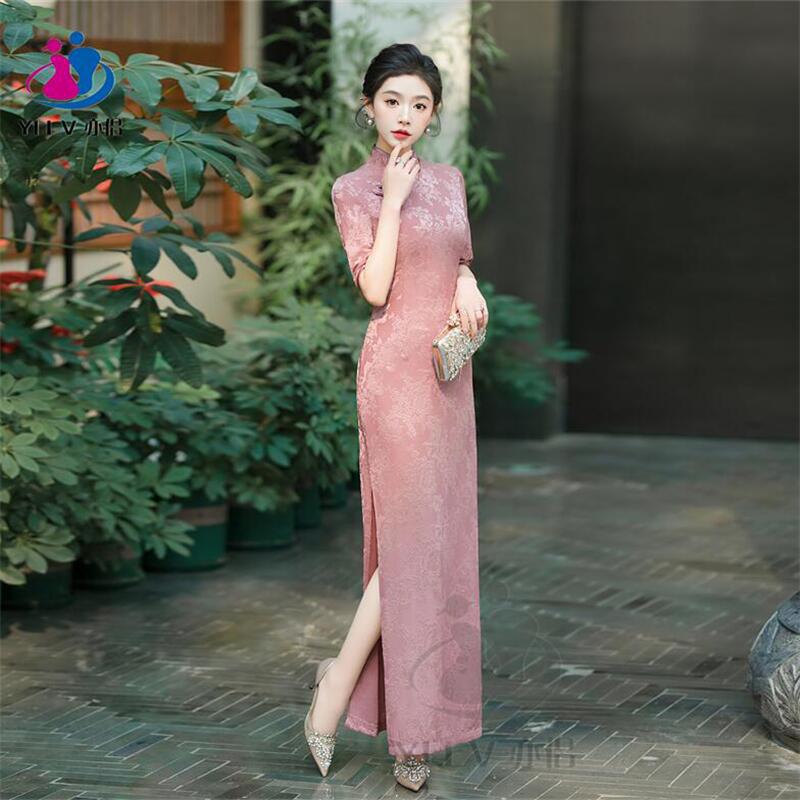 Nuevo cheongsam rojo 2025, vestido largo mejorado para desfiles y reuniones anuales, vestido para brindis, vestido de compromiso juvenil.
