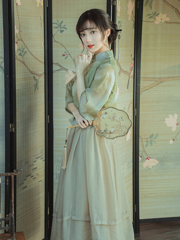 Original new Qingluo new Chinese Zen tea dress fairy girl cheongsam two-piece skirt improved Hanfu summer