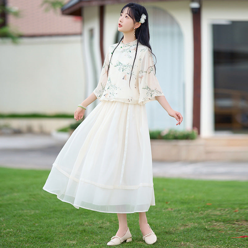 Original new Qingluo new Chinese Zen tea dress fairy girl cheongsam two-piece skirt improved Hanfu summer