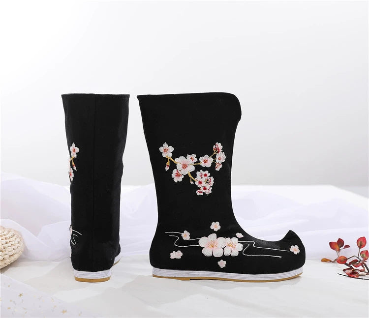 Botas Hanfu de traje antiguo, zapatos bordados para hombres y mujeres, zapatos chinos de caña alta de estilo antiguo, zapatos Hanfu para actuación teatral