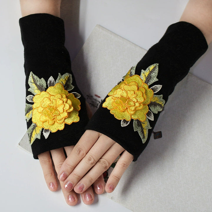 Ethnic Style Half-Finger Gloves for Women, Wrist Guard, Chinese Style Embroidered Half-Finger Gloves, Scar Concealing, Yang Liping Embroidery, Autumn and Winter Warmth, Thickened, Touchscreen Compatible
