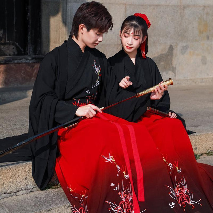 Red and black Hanfu men's martial arts suits, ancient costumes, knights and scholars, men's ancient fairy couple costumes