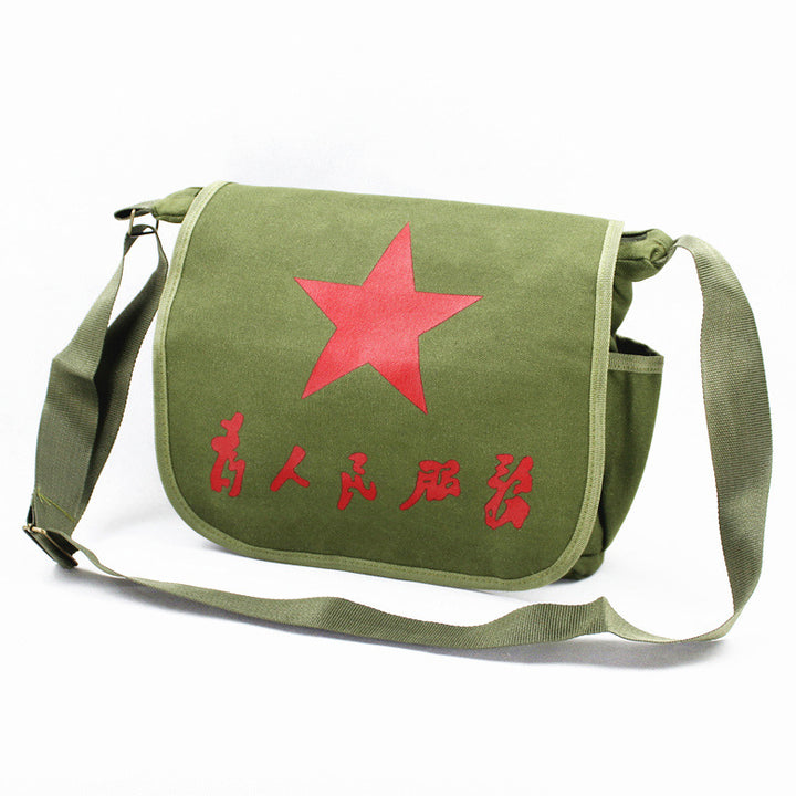 Vintage Mao Zedong "Serve the People" Red Army Bag, Lei Feng Canvas Five-Pointed Star Crossbody Bag, Red Star Shoulder Bag, Green Retro Style