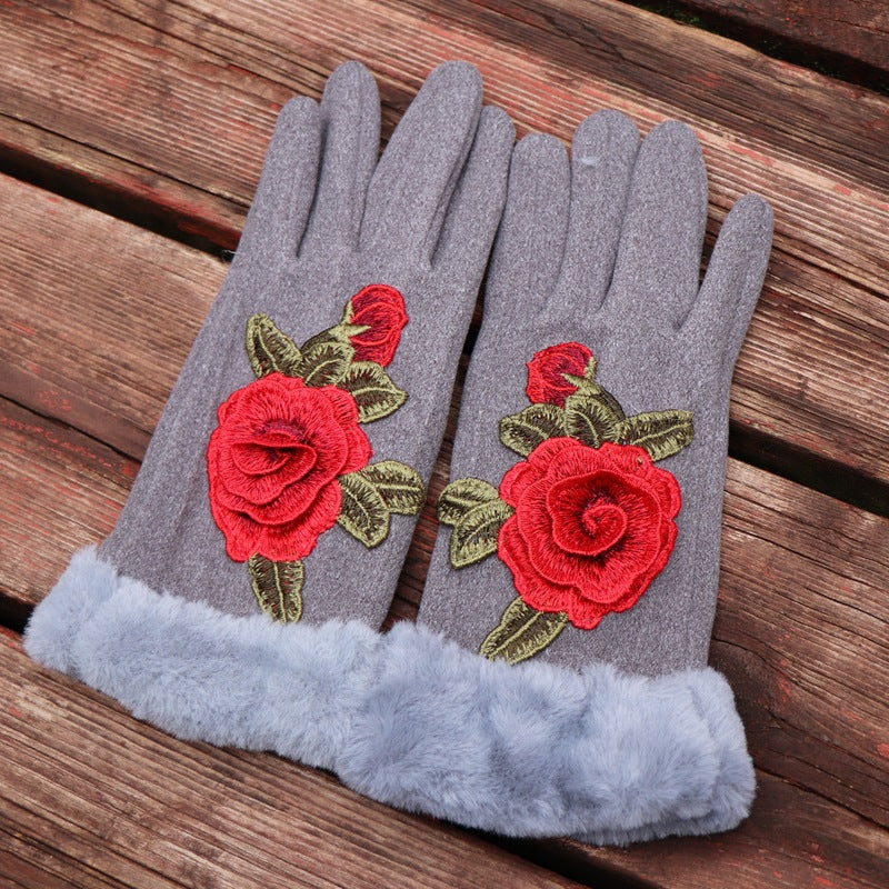 Guantes de dedos completos para mujer: diseño floral bordado étnico de Yunnan con ribete de piel sintética