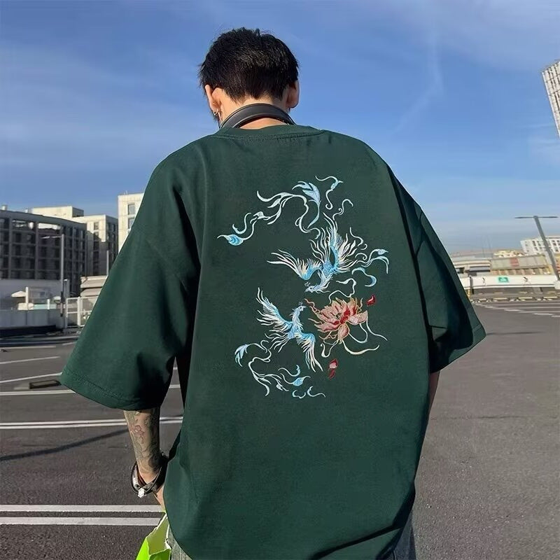 国潮中国风衣服白色纯棉短袖T恤男士宽松大码凤凰潮牌重磅半袖夏