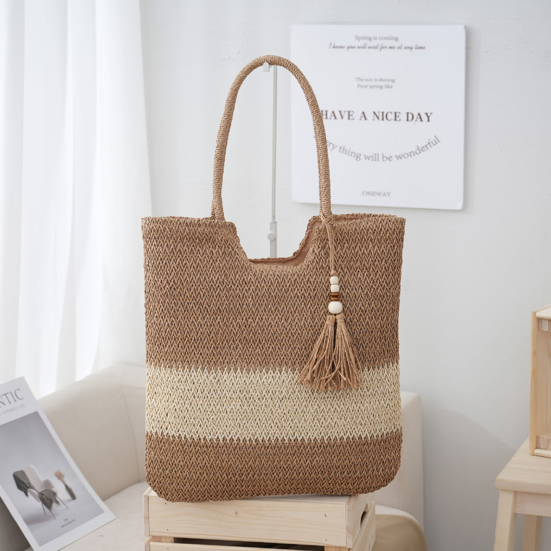 Nuevo bolso tote tejido de estilo chino para mujer: diseño con borlas, ligero y transpirable.