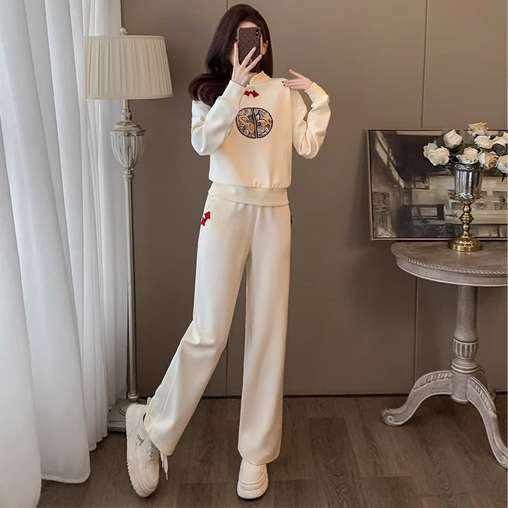 2024 Spring New Retro Chinese Style Sportswear Set for Women – Stylish & Youthful Hoodie & Wide-Legged Pants Two-Piece Set