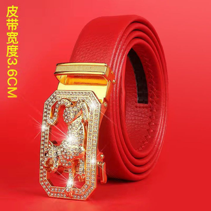 Cinturón del Zodiaco para Hombre: Piel Genuina, Hebilla Automática, Cinturón Rojo para el Año del Zodiaco, Ropa de Negocios e Informal, Regalo de Boda Perfecto