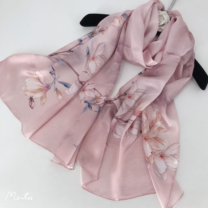 Bufanda de seda morera premium con estampado floral – Bufanda de seda estilo chino para mujer – Regalo elegante para mamá o personas mayores