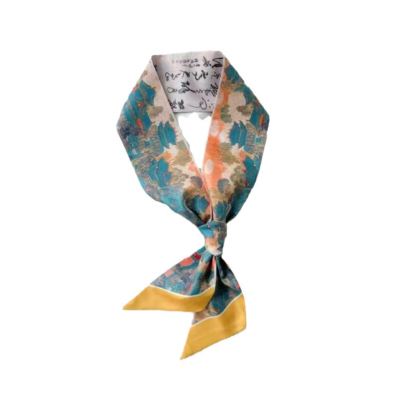 Chinese-Style Oil Painting Small Silk Scarf – Decorative Long Tie Scarf, Headband, and Butterfly Knot for Bags and Hair