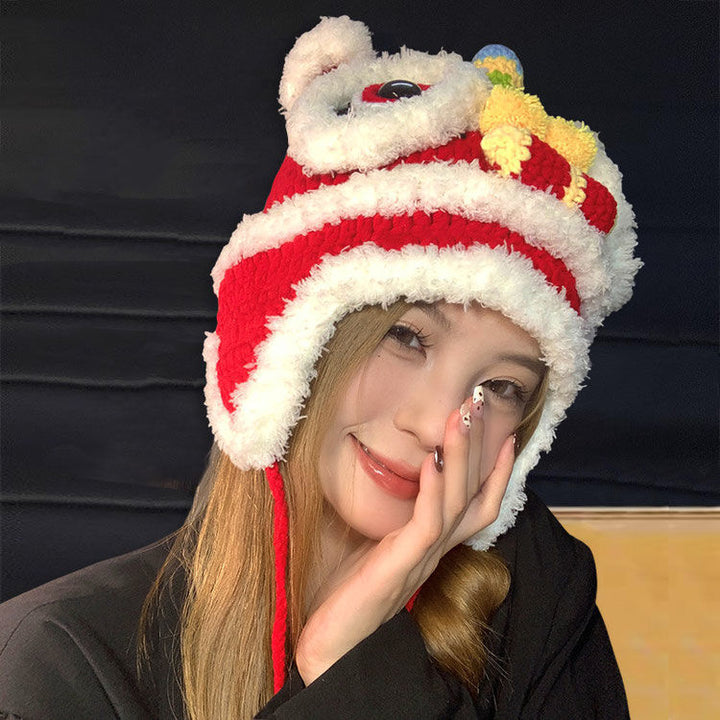 Gorro de cabeza de tigre para padres e hijos, tejido a mano, estilo chino. Tendencia nacional. Bonito gorro de punto cálido para la danza del león en invierno. Gorro del despertar del león.