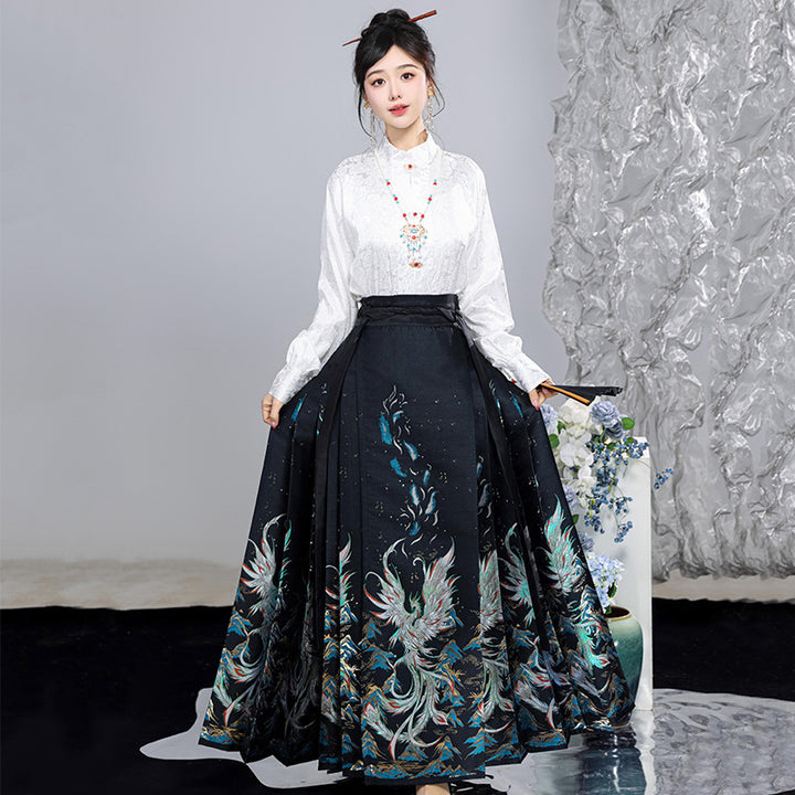 Qing Fenghuang Chinese Mamen Skirt Set | Modernized Hanfu with Gold-Weave Floral Design