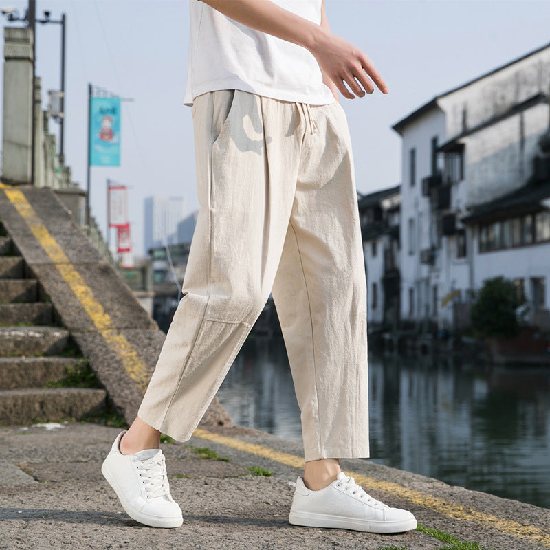 Pantalones de lino y algodón estilo chino para hombre | Pantalones harén ligeros, holgados y de pierna ancha para verano